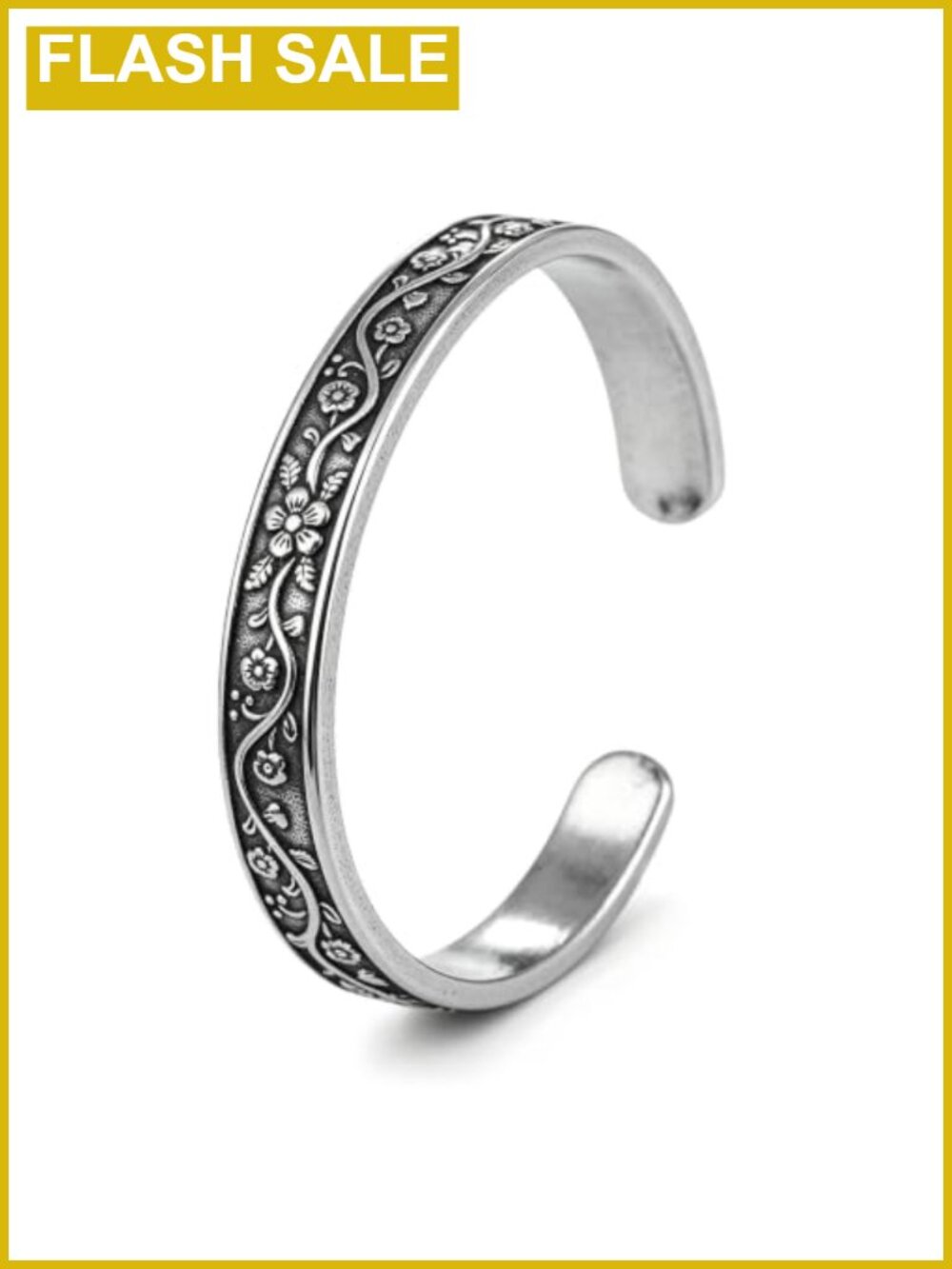 Stainless Steel Vintage Floral Open Cuff Bracelet Adjustable Bangle